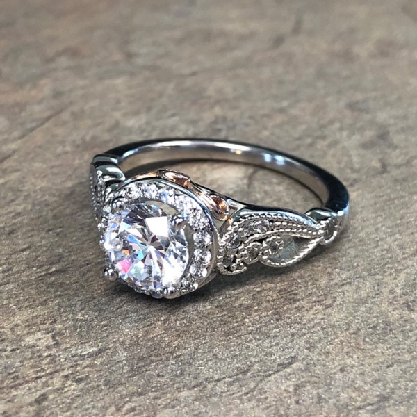 14K White Gold Round Halo Vintage Engagement Ring